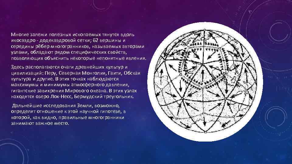 Многие залежи полезных ископаемых тянутся вдоль икосаэдро - додекаэдровой сетки; 62 вершины и середины