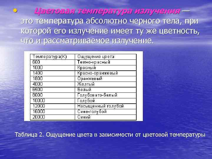 •  Цветовая температура излучения —  это температура абсолютно черного тела, при