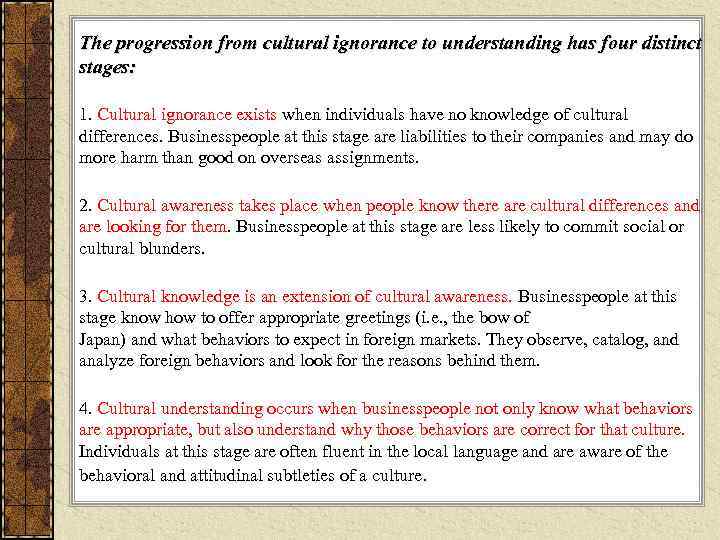 The progression from cultural ignorance to understanding has four distinct stages:  1. Cultural