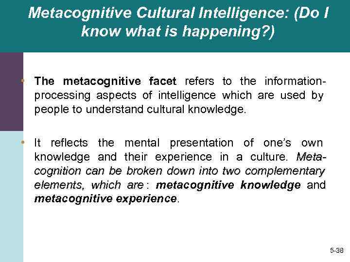  Metacognitive Cultural Intelligence: (Do I  know what is happening? )  •