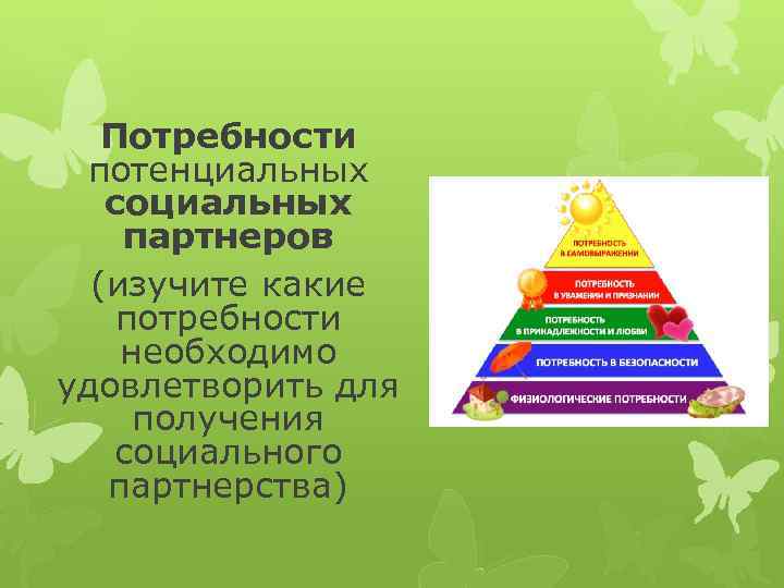   Потребности потенциальных социальных партнеров  (изучите какие потребности необходимо удовлетворить для 