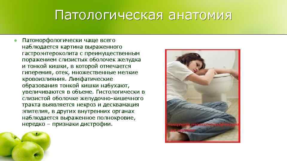    Патологическая анатомия l  Патоморфологически чаще всего наблюдается картина выраженного гастроэнтероколита