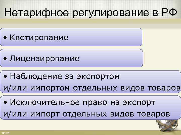 Нетарифное регулирование в РФ  • Квотирование  • Лицензирование  • Наблюдение за