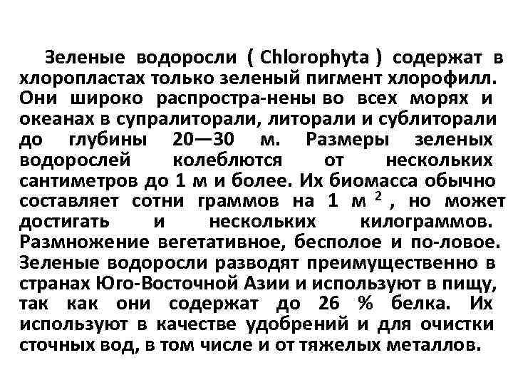   Зеленые водоросли ( Chlorophyta ) содержат в хлоропластах только зеленый пигмент хлорофилл.