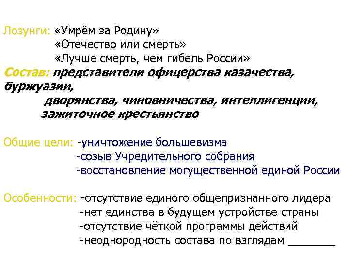 Лозунги: «Умрём за Родину» «Отечество или смерть» «Лучше смерть, чем гибель Лозунги: «Умрём за Родину» «Отечество или смерть» «Лучше смерть, чем гибель