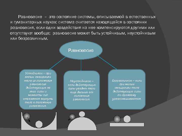   Равновесие – это состояние системы, описываемой в естественных и гуманитарных науках: система