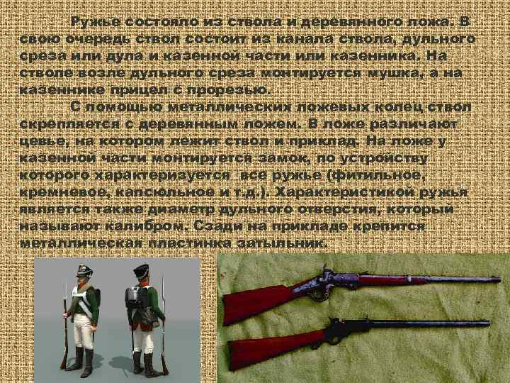  Ружье состояло из ствола и деревянного ложа. В свою очередь ствол состоит из