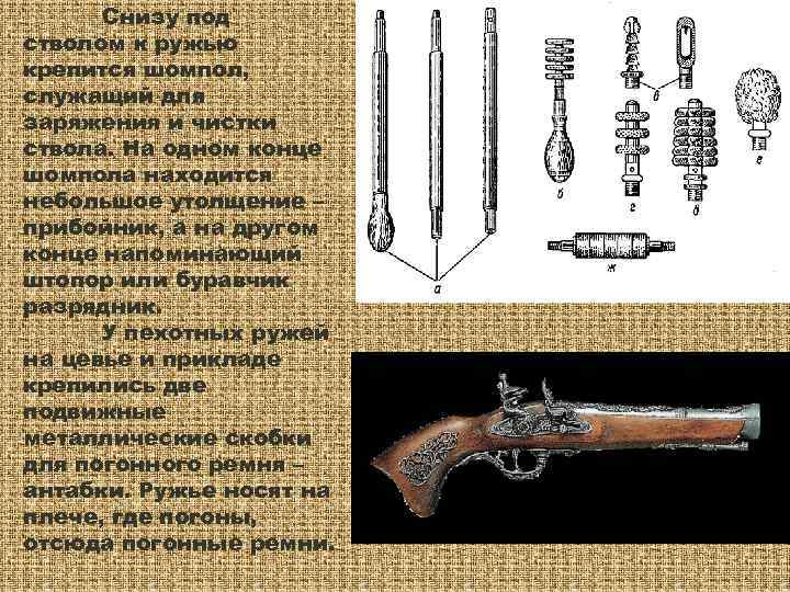  Снизу под стволом к ружью крепится шомпол, служащий для заряжения и чистки ствола.