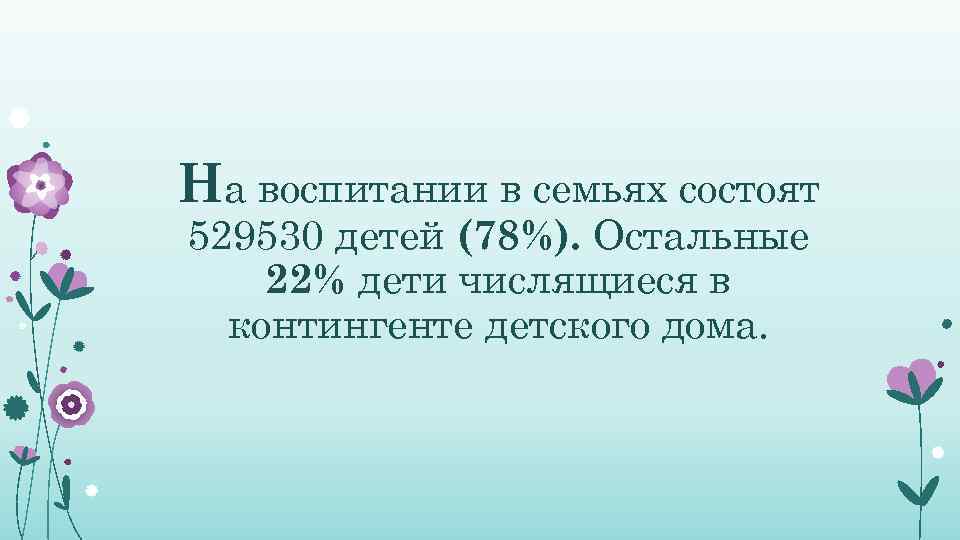 На воспитании в семьях состоят 529530 детей (78%). Остальные 22% дети числящиеся в 