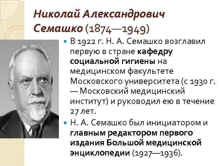 Николай Александрович Семашко (1874— 1949) В 1922 г. Н. А. Семашко возглавил Николай Александрович Семашко (1874— 1949) В 1922 г. Н. А. Семашко возглавил