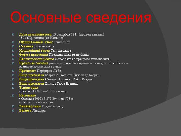 Основные сведения Дата независимости 15 сентября 1821 (провозглашена) 1823 (Признана) (от Испании) Официальный язык