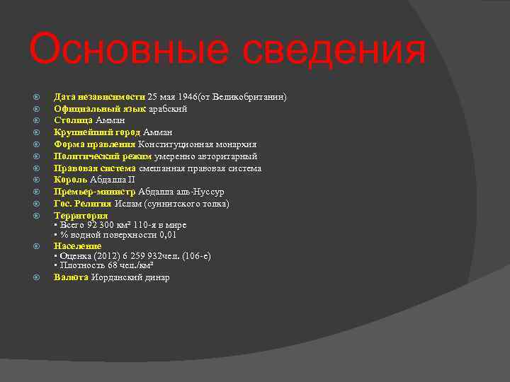 Основные сведения Дата независимости 25 мая 1946(от Великобритании) Официальный язык арабский Столица Амман Крупнейший