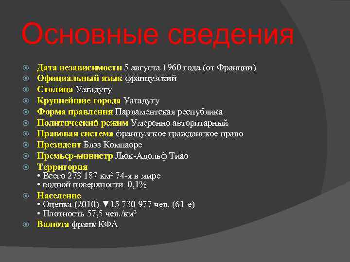 Основные сведения  Дата независимости 5 августа 1960 года (от Франции)  Официальный язык
