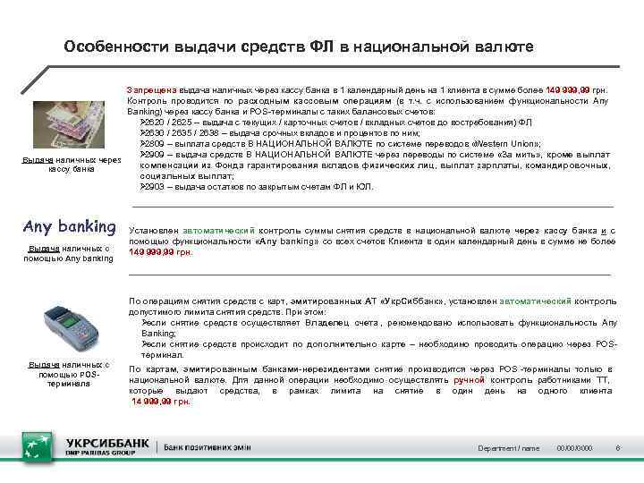    Особенности выдачи средств ФЛ в национальной валюте    Запрещена