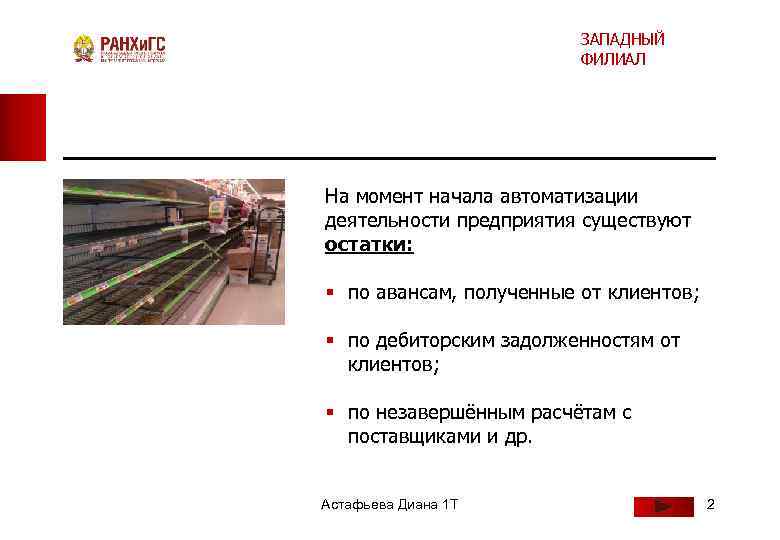      ЗАПАДНЫЙ     ФИЛИАЛ На момент начала