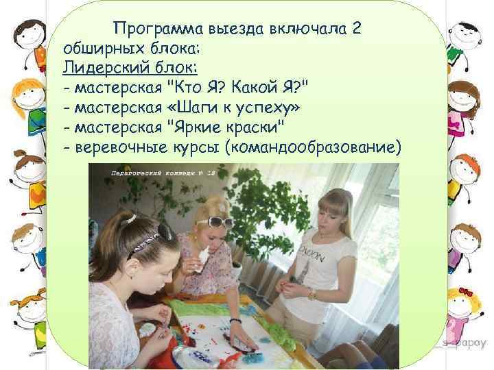  Программа выезда включала 2 обширных блока: Лидерский блок: - мастерская 