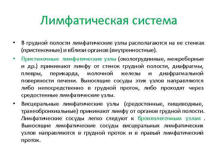    Лимфатическая система • В грудной полости лимфатические узлы располагаются на ее