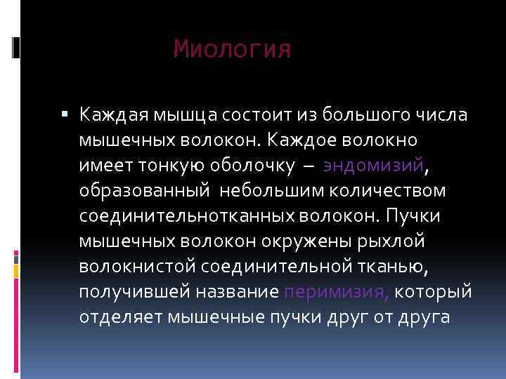   Миология  Каждая мышца состоит из большого числа  мышечных волокон. Каждое