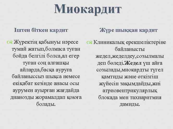     Миокардит  Іштен біткен кардит  Жүре шыққан кардит 