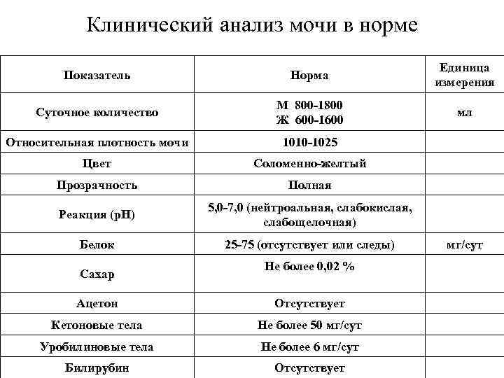 Клинический анализ мочи в норме Единица Клинический анализ мочи в норме Единица