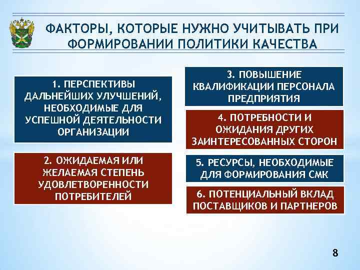 ФАКТОРЫ, КОТОРЫЕ НУЖНО УЧИТЫВАТЬ ПРИ ФОРМИРОВАНИИ ПОЛИТИКИ КАЧЕСТВА ФАКТОРЫ, КОТОРЫЕ НУЖНО УЧИТЫВАТЬ ПРИ ФОРМИРОВАНИИ ПОЛИТИКИ КАЧЕСТВА