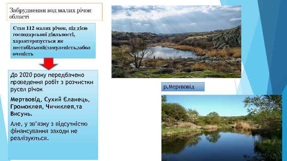 Стан 112 малих річок, під дією господарської діяльності, характеризується як нестабільний(замуленість, забол оченість 