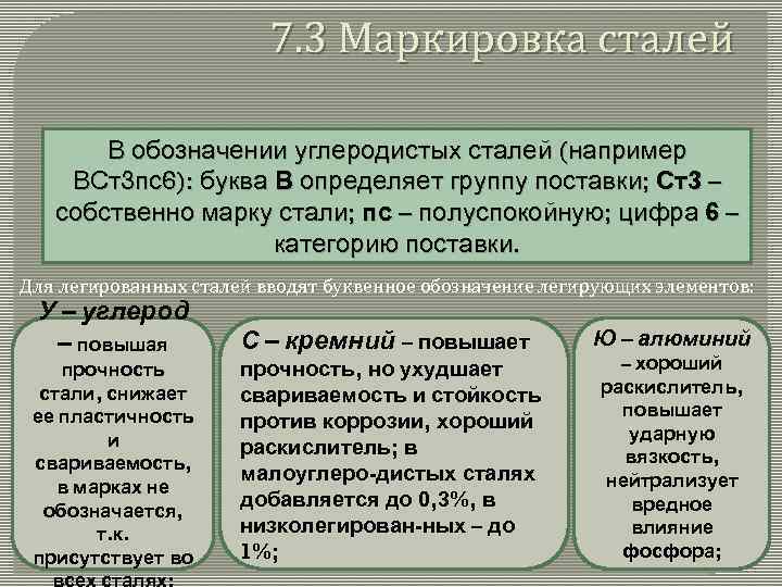      7. 3 Маркировка сталей   В обозначении углеродистых