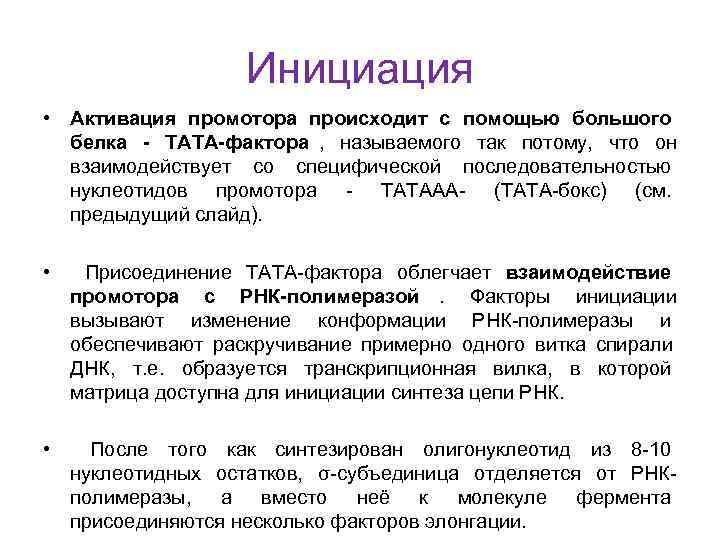     Инициация • Активация промотора происходит с помощью большого  белка