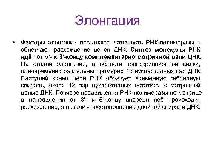      Элонгация • Факторы элонгации повышают активность РНК-полимеразы и 