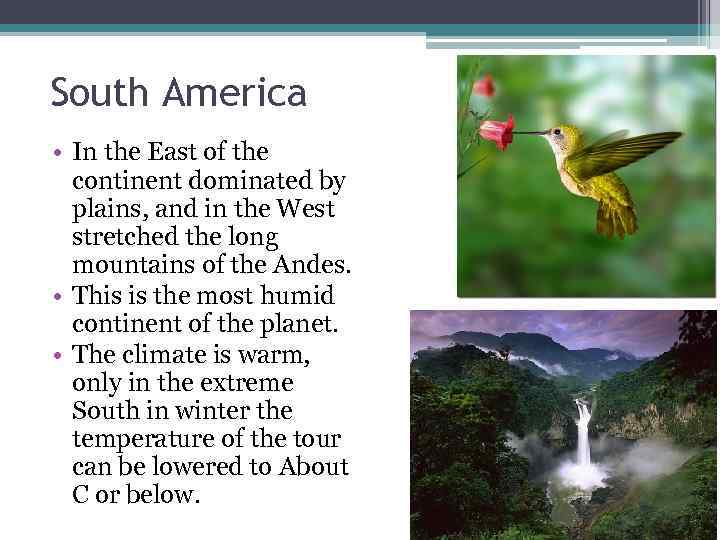 South America • In the East of the  continent dominated by  plains,
