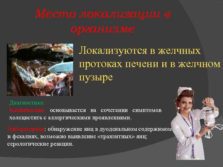   Место локализации в   организме    Локализуются в желчных