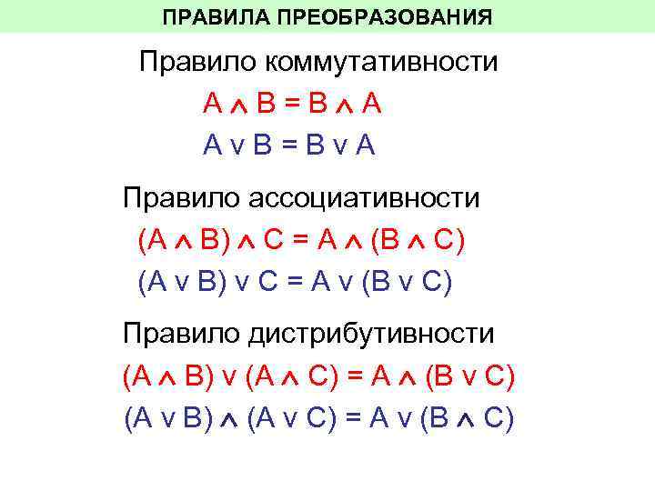   ПРАВИЛА ПРЕОБРАЗОВАНИЯ  Правило коммутативности А В=В А Аv. В=Вv. А Правило