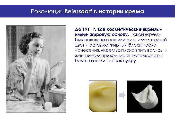 Революция Beiersdorf в истории крема    До 1911 г. все косметические «кремы»