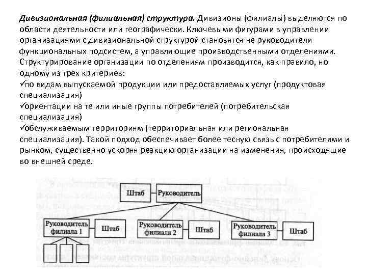 Дивизиональная (филиальная) структура. Дивизионы (филиалы) выделяются по области деятельности или географически. Ключевыми фигурами в