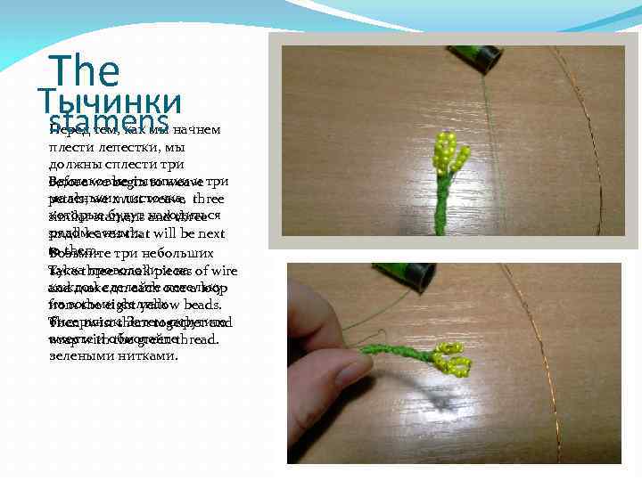 The Тычинки stamens Перед тем, как мы начнем плести лепестки, мы должны сплести три