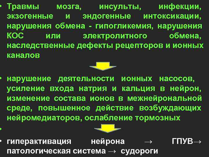  • Травмы мозга,  инсульты, инфекции, экзогенные и эндогенные интоксикации, нарушения обмена -