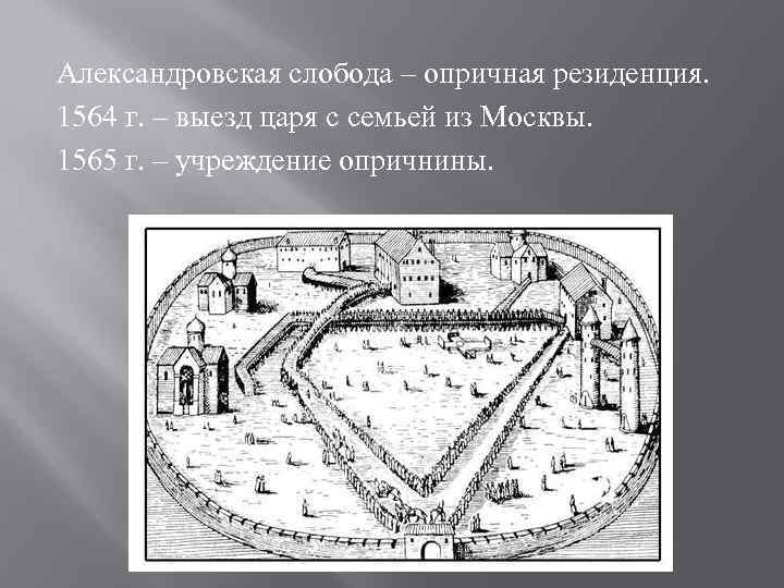 Александровская слобода – опричная резиденция. 1564 г. – выезд царя с семьей из Москвы.