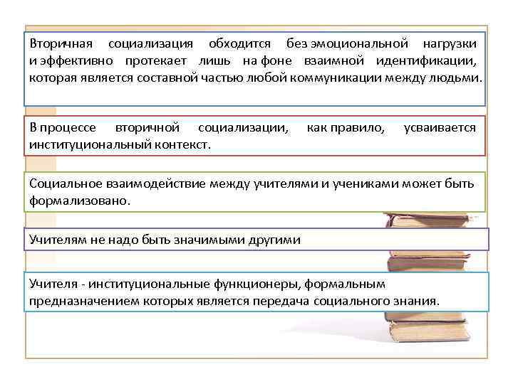 Вторичная социализация обходится без эмоциональной нагрузки и эффективно протекает лишь на фоне взаимной идентификации,