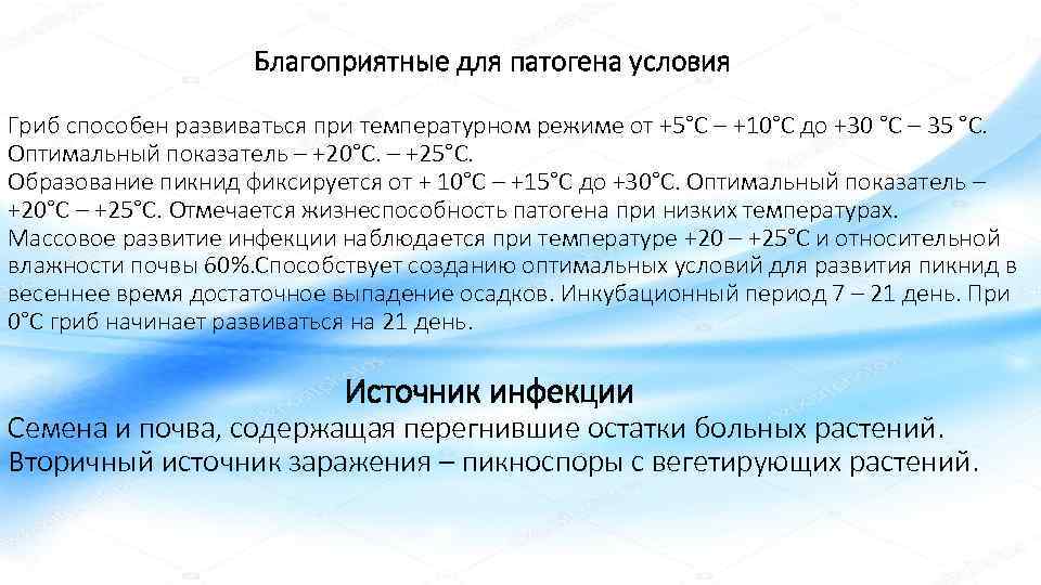       Благоприятные для патогена условия Гриб способен развиваться при