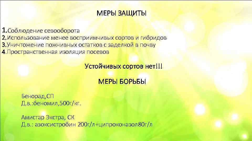     МЕРЫ ЗАЩИТЫ 1. Соблюдение севооборота 2. Использование менее восприимчивых сортов