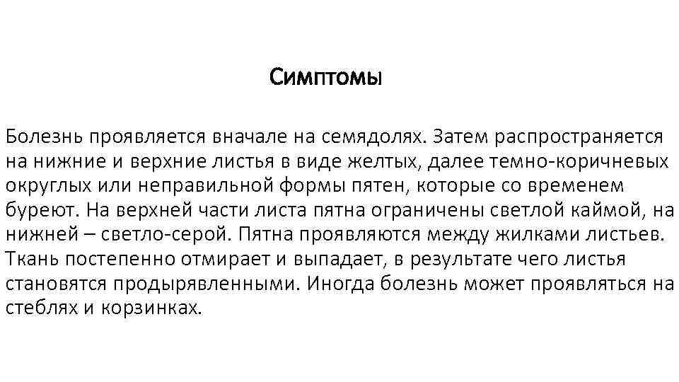      Симптомы Болезнь проявляется вначале на семядолях. Затем распространяется на