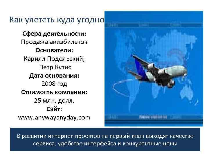 Как улететь куда угодно Сфера деятельности: Продажа авиабилетов Основатели: Карилл Подольский, Как улететь куда угодно Сфера деятельности: Продажа авиабилетов Основатели: Карилл Подольский,