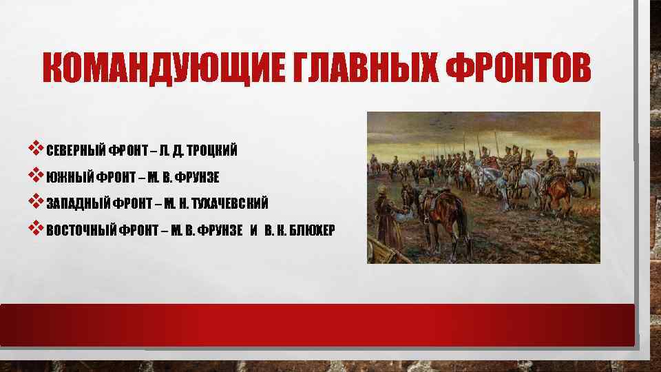  КОМАНДУЮЩИЕ ГЛАВНЫХ ФРОНТОВ v. СЕВЕРНЫЙ ФРОНТ – Л. Д. ТРОЦКИЙ v. ЮЖНЫЙ ФРОНТ