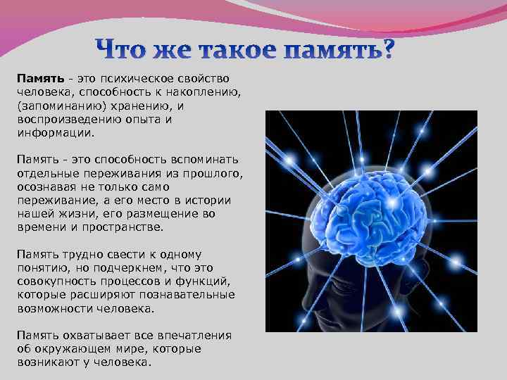 Психический процесс накопления хранения и воспроизведения прошлого. Память человека. Памяти памяти. Память прошлого. Способность к воспоизвоизведению прошлого опыта.