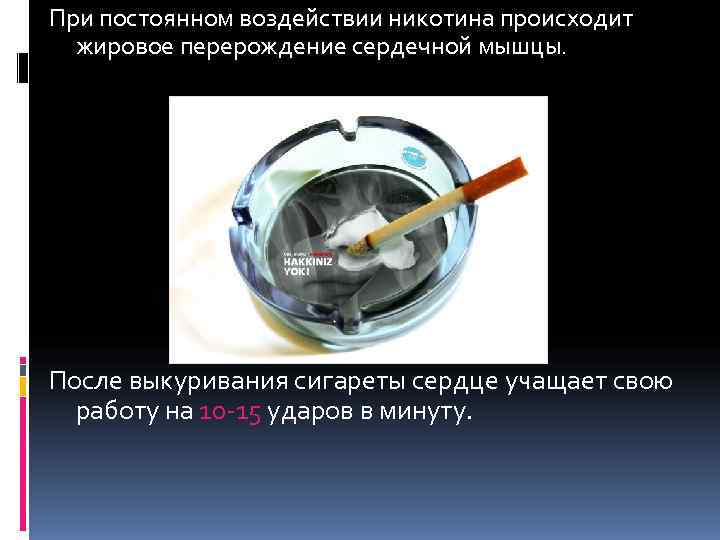 При постоянном воздействии никотина происходит  жировое перерождение сердечной мышцы. После выкуривания сигареты сердце