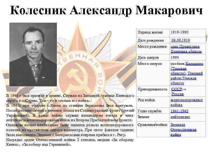  Колесник Александр Макарович      Период жизни 1919 -1990 