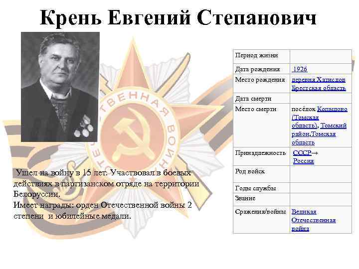  Крень Евгений Степанович     Период жизни    