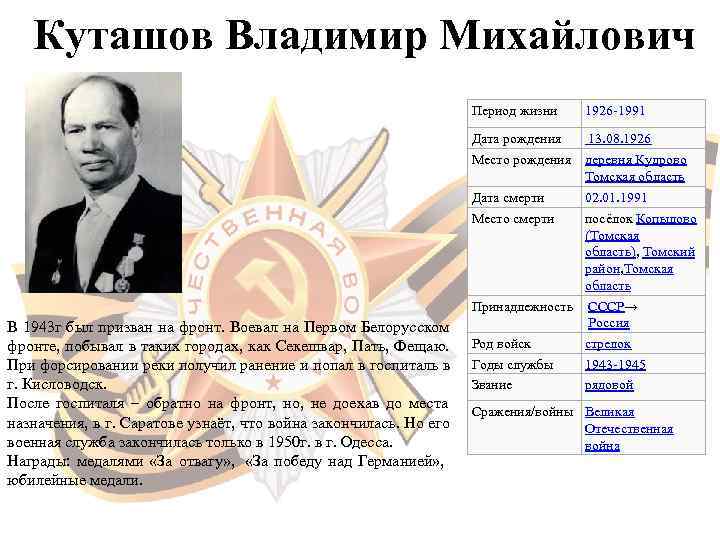   Куташов Владимир Михайлович       Период жизни 