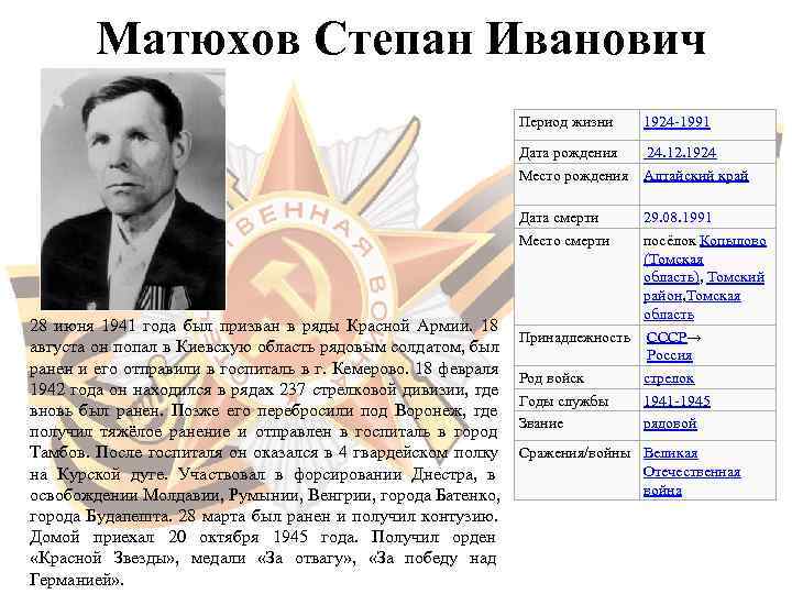   Матюхов Степан Иванович      Период жизни 1924 -1991