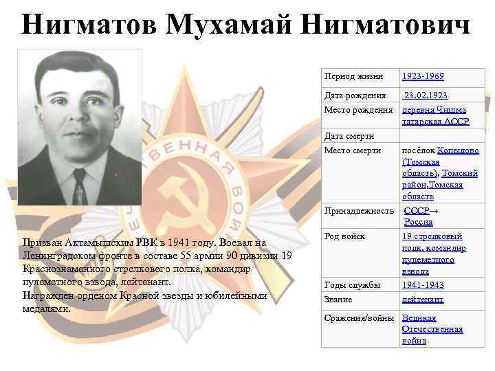Нигматов Мухамай Нигматович      Период жизни  1923 -1969 